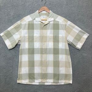 VTG Claiborne Short Sleeve Button Up Shirt Men M Plaid Sage Green Cream Cotton